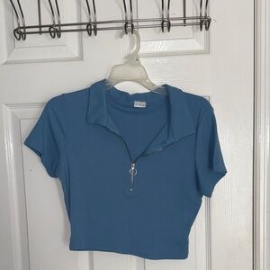 Simple Blue Collared Zip Crop Top